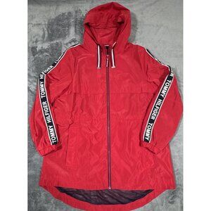 TOMMY HILFIGER WHITE/RED/BLUE HOODED WINDBREAKER JACKET SLEEVE LOGO SIZE M WOMEN